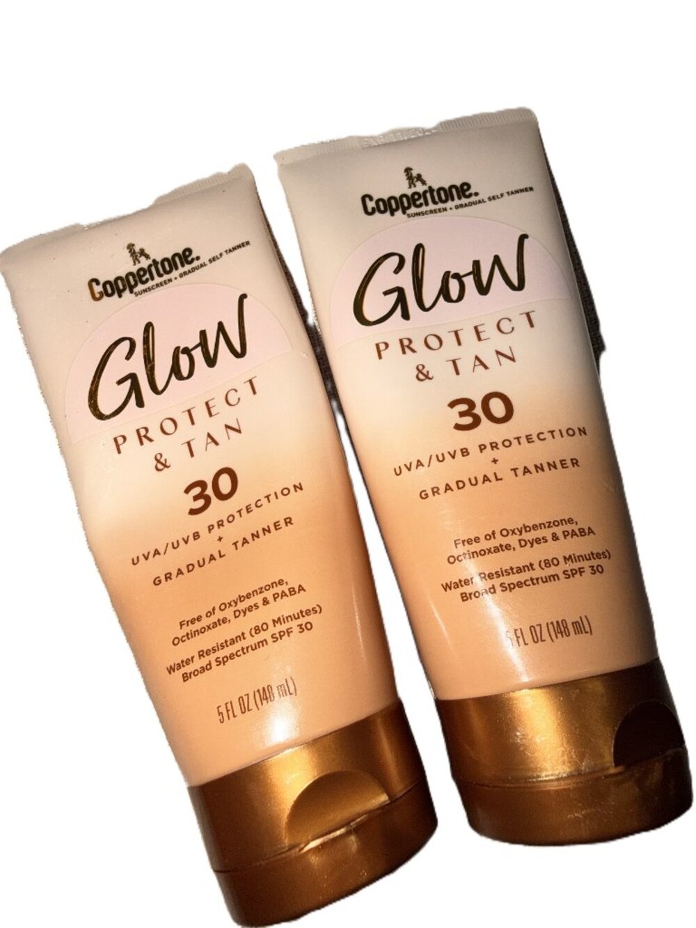 Coppertone Glow Protect & Tan Sunscreen Lotion + Gradual Tanner 5 Oz Bundle of 2